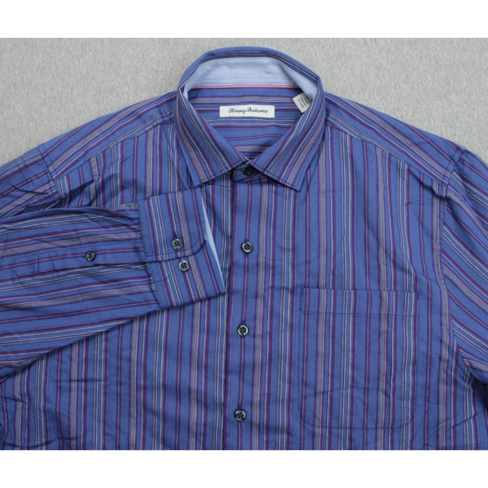 Tommy Bahama Shirt Mens Medium Striped Cotton Silk Blend Stretch‎ Button Up